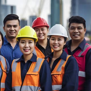 asian workers of diverse occupations 4 blue collar and 5 white collar jobs standing in a team vibrant and colorful uniformly