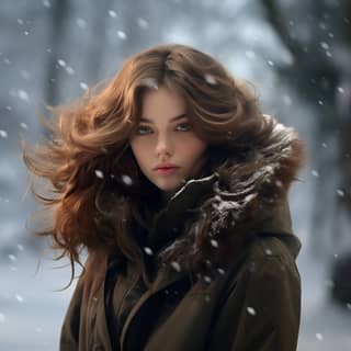 beautiful brown medium length hair posing in winter scene prada fashion photoshoot