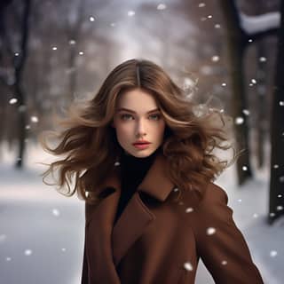 beautiful brown medium length hair posing in winter scene prada fashion photoshoot