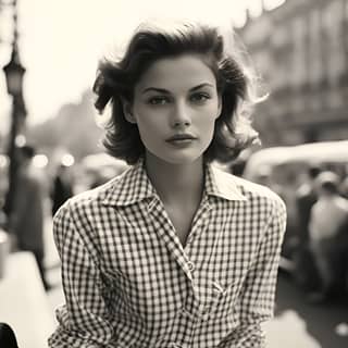 a black and white photos of shot with a 50 mm leans in 1950s paris wearing a red scard on a sunny day ar 4:5