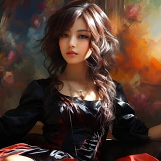 captivated oil painting art of young Japanese woman fashion posing gazing at me with adorable smile She is unwinding on