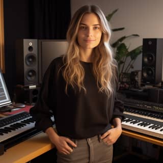 a cool a realistic french woman music manager, standing in front of a music studio