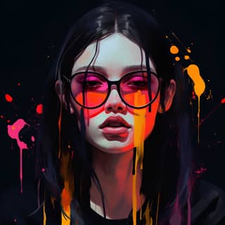 a cute girl with glasses in the style of paint dripping technique epic portraiture in the style of neon color palette gritty