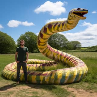 wolds longest snake, standing next to a large snake sculpture