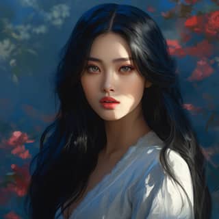 a 20 year old with long black hair and cerulean blue eyes She is standing in a garden There is morning light She wears 1890s
