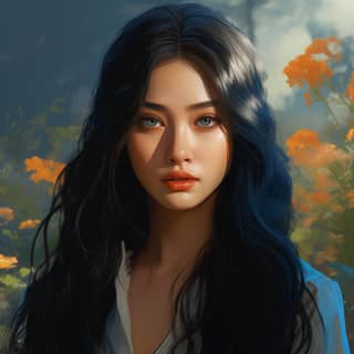 a 20 year old with long black hair and cerulean blue eyes She is standing in a garden There is morning light She wears 1890s