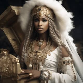 African Princess in white and gold with treasure chest full of silver