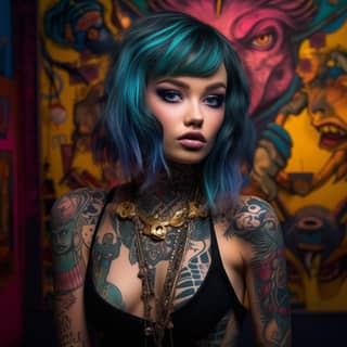 Beautiful girl all in tattoos clothes - Cleopatra surrealism saturated colors location - tutu salon close-up