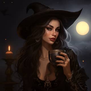 Lilith Adam's first wife wearing a modern day witches hat smiling and sipping a hot mug of Mushroom Mocha Have a crescent