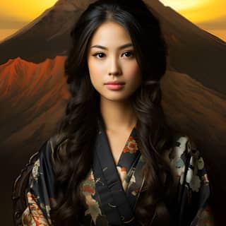 The background of Mona Lisa with the Fuji montain, beautiful in kimono sitting on chair with mountain in background