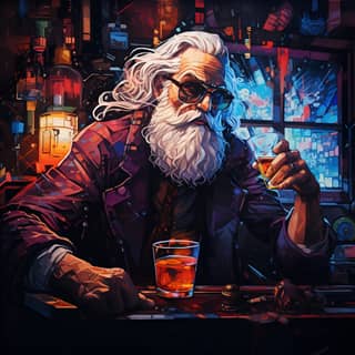 an old man with a beard and glasses sitting at a bar