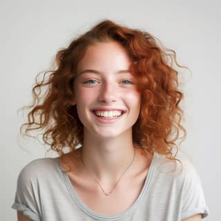 attractive female smiling girl on white, with red curly hair smiling