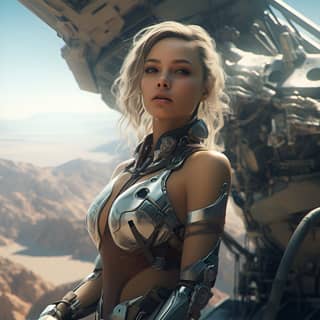 Une femme cyborg futuriste se tient devant un grand robot dans un paysage désertique d'une autre planète.