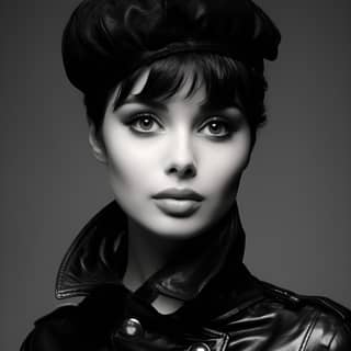 editorial photoshoot studio single light source black and white caucasian model short brown hair brown eyes black leather