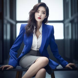 Une femme chinoise au physique plantureux portant un blazer bleu et une jupe est assise par terre, vue d'un angle bas.