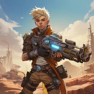 a male blonde 14 year old borderlands 3 game vault hunter wielding massive guns