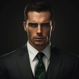 Hombre musculoso con ojos verdes de jade, una cicatriz sobre su ojo derecho y afeitado, vistiendo un traje y corbata verde.