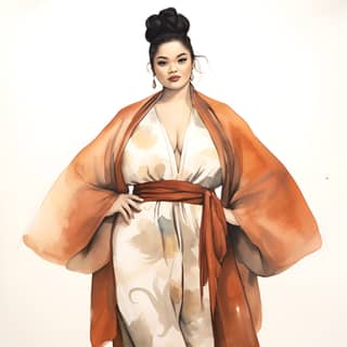 sumi-e aapi plus size fashion design sketch, in a kimono