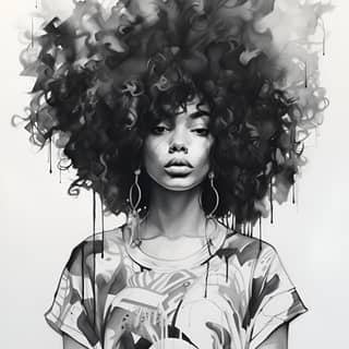 sumi-e afropunk, a black and white drawing of with an afro