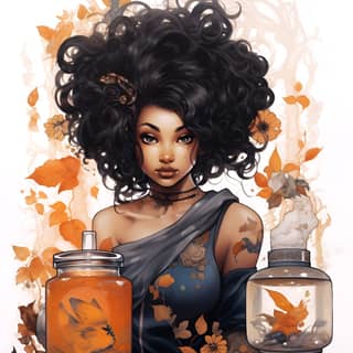 sumi-e bipoc Kawaii poison, with black hair holding a jar of orange flowers