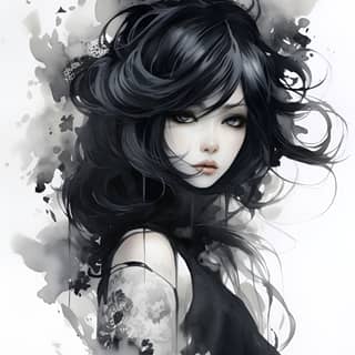 sumi-e goth, with black hair and a black dress