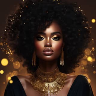 a ultra realistic dark skin complexion woman wearing flawless makeup beautiful tone lips gold hoop earrings background is