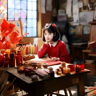 very young korean children girl IU in tintin photo style with beautiful 60s red skirt poetic smile peace happiness at old