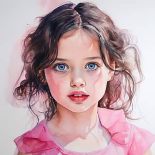 watercolor in the style of albert uderzo a 9-year-old girl who looks like angelina jolie she wears a pink pyjama