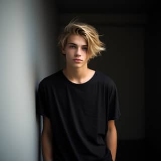 young guy 20 years old blond hair light eyes slight smile slender slightly girl-like dresses in t-shirt