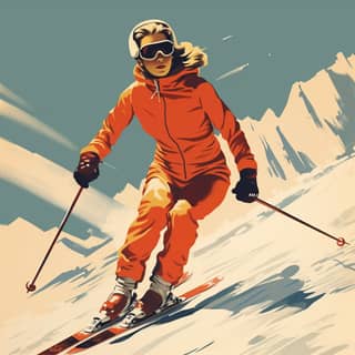 1950's pop art style ski poster in muted colors, a poster of skiing down a mountain