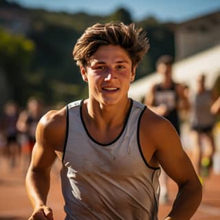 Atleta de 20 años corriendo en una carrera de pista