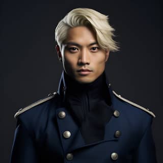 Blonde Haare in einer Militäruniform mit asiatischem Mann mit schwarzen Strähnen und brauner Haut, der einen blauen Offiziersmantel trägt.