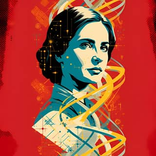 Rosalind Franklin posing with a DNA double helix Illustration in the style of Shepard Fairey