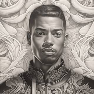 art by kehinde wiley greyscale an attractive young chicano man byzantine sumi-e brush strokes caravaggism open chest