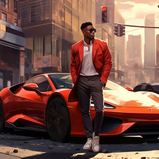 black man wearing Tommy Hilfiger Brand Clothing standing infront of a white 2023 bmw i8 roadster on a busy street white