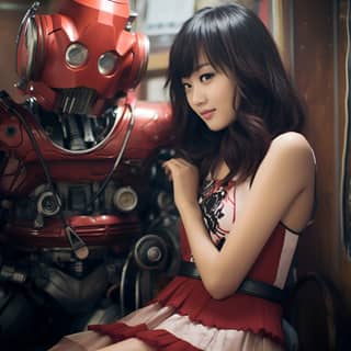 casual Asian girl flirting with a robot party dress 50mm lens