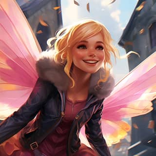 fantasy character art fairy girl large colourful butterfly wings on lower back blonde bob haircut pink orange and blue