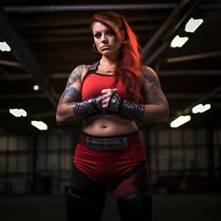 Una wrestler professionista femminile con capelli rossi e tatuaggi in una palestra al chiuso.