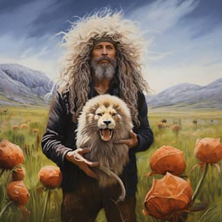 in a field with a lions mane mushroom in his hands 9:16