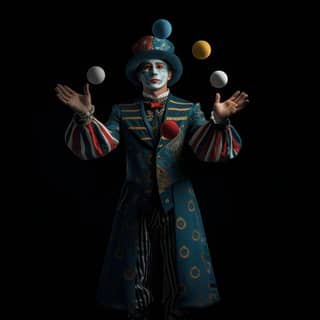 Un clown vivace e divertente in un costume colorato fa giocoleria con delle palline in una misteriosa mascherata.