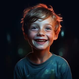 a kid smiling Night, boy is smiling in a painting