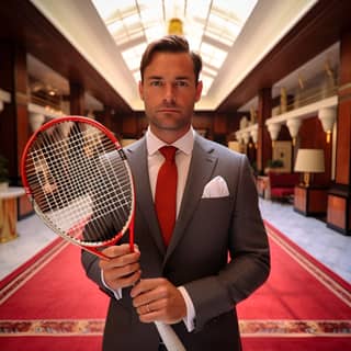 Yo en un traje sosteniendo una raqueta de tenis en el lujoso hotel Faena.