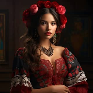 a mexican girl with mexican mariachi dress, woman in a mexican dress holding an acoustic guitar