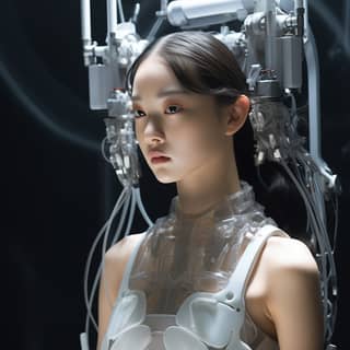 scene from science fiction action movie a genetically engineered pale skin korean girl strapped to upright operating table