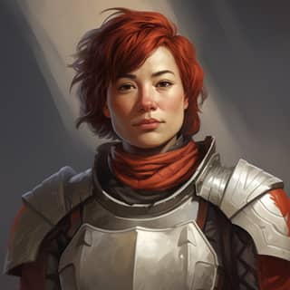 strong and brawny middle-aged female Inuit knight in armor with white and red tabard short red hair asian eyes