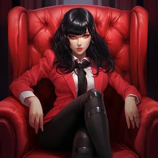 the anime girl with the black hair and pink eyes wearing a red school blazer with black lapel sitting on plush red velvety