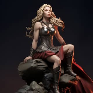 Eine weibliche Statue in einem roten Kleid, die auf einem Felsen sitzt und im Stil von Magali Villeneuve gestaltet ist.