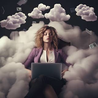 une photo qui illustre ce qu'est le Cloud Computing, sitting in a cloud with her laptop