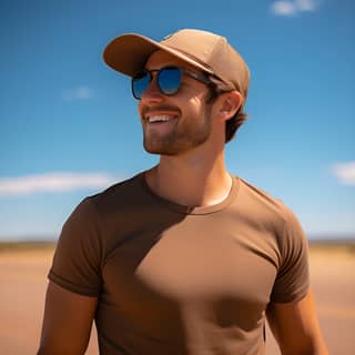 white male in brown t-shirt and navy blue trucker hat outdoors in the sunshine