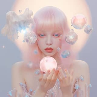 ✨, with pink hair and crystals in her hands